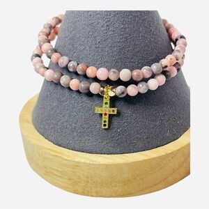 COPY - Pink Zebra Jasper Beaded Bracelet with Gold Cross Charm